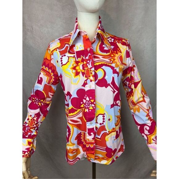 Vintage 1970s Plus Size Psychedelic Blouse Dagger Collar Top Mod MCM Disco L XL - Picture 2 of 8